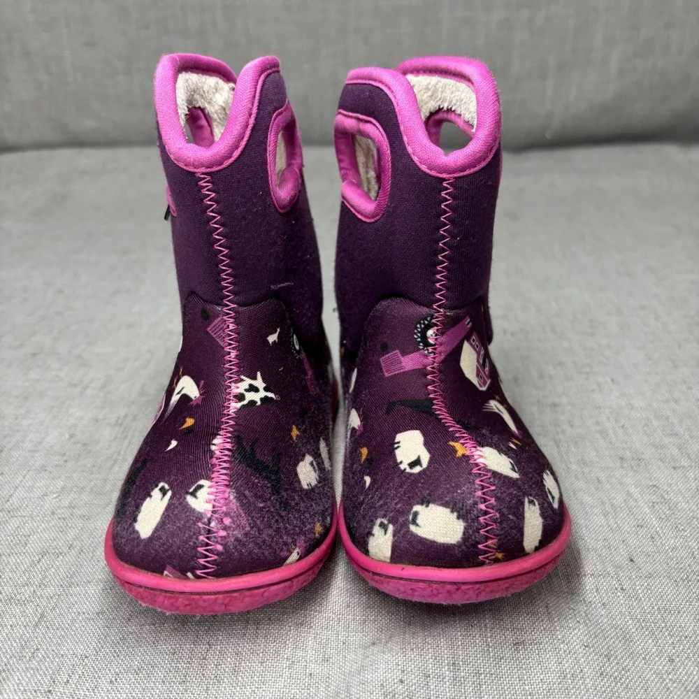 Bogs Baby Boots Purple Pink Farm Animal Print Waterproof‎ Insulated Kids Size 7